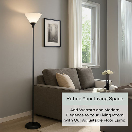 Torchiere Floor Lamp - Contemporary Standing Lamp with Opal White Cone Shaped Shade