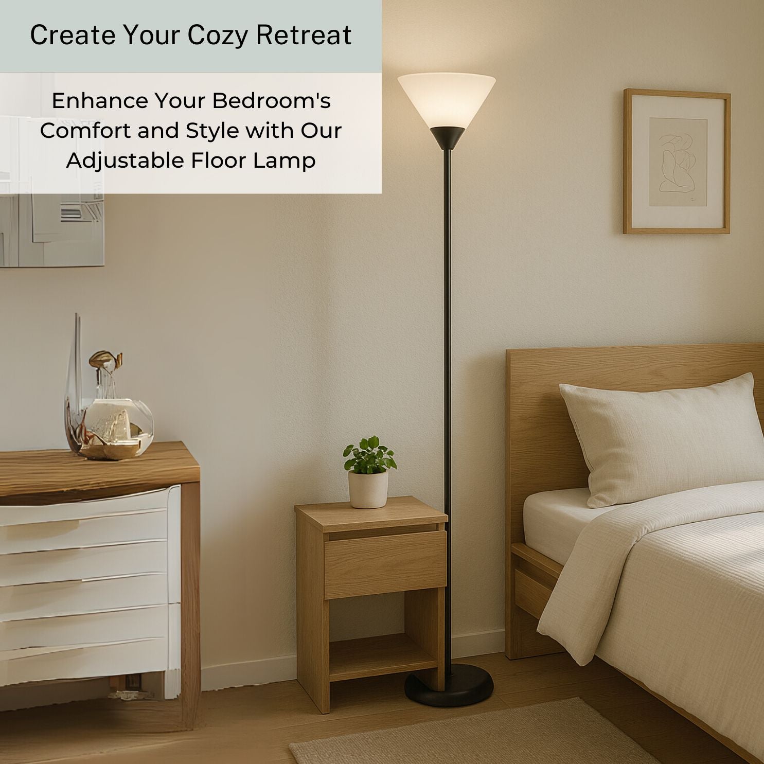 Torchiere Floor Lamp - Contemporary Standing Lamp with Opal White Cone Shaped Shade