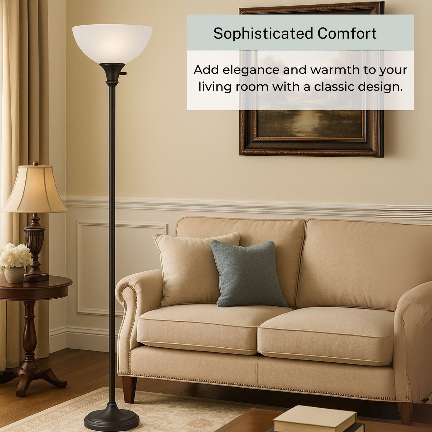 Torchiere Threshold Floor Lamp with Bronze Finish & Frosted White Shade