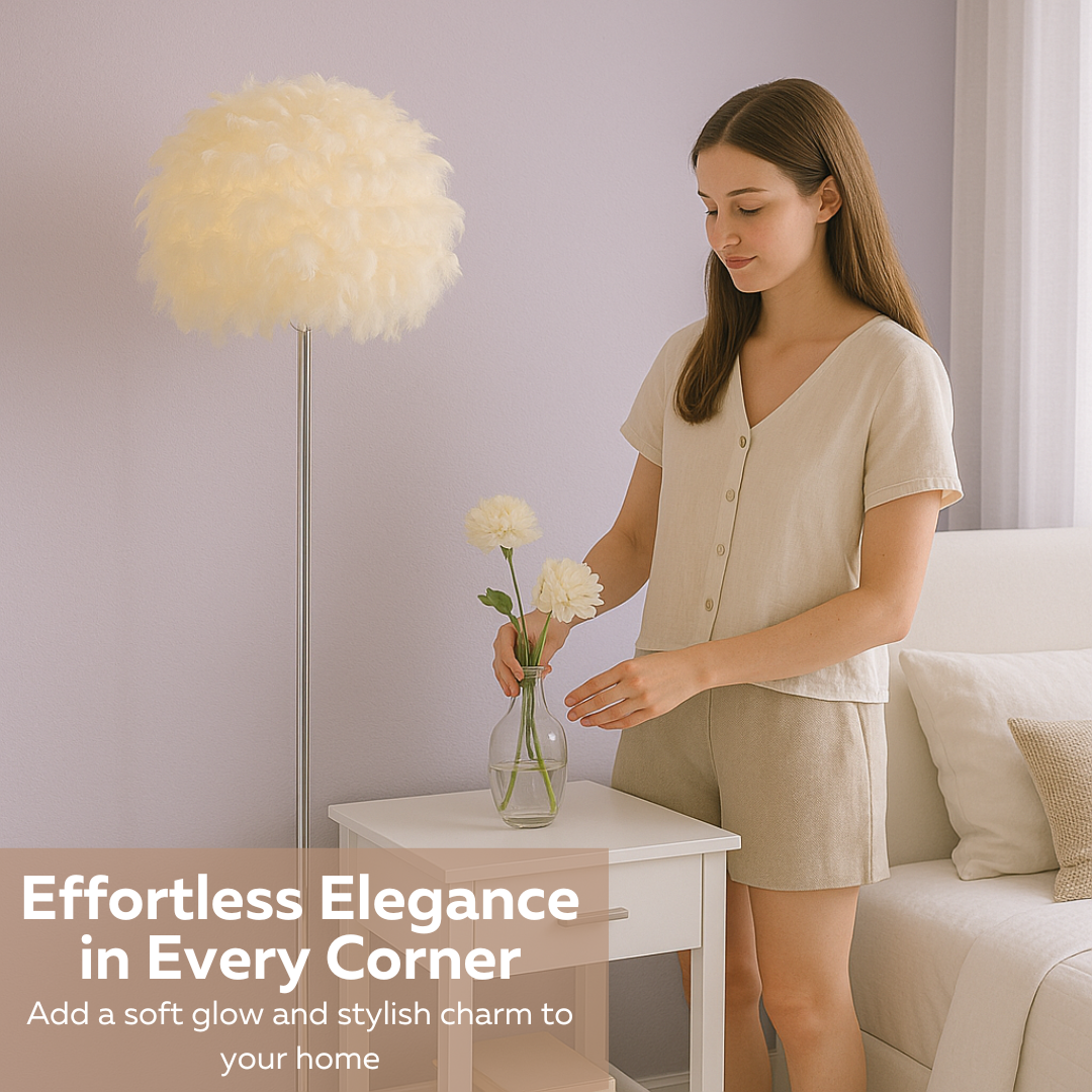 Feather Floor Lamp Faux Ostrich Shade with Polished Chrome Finish