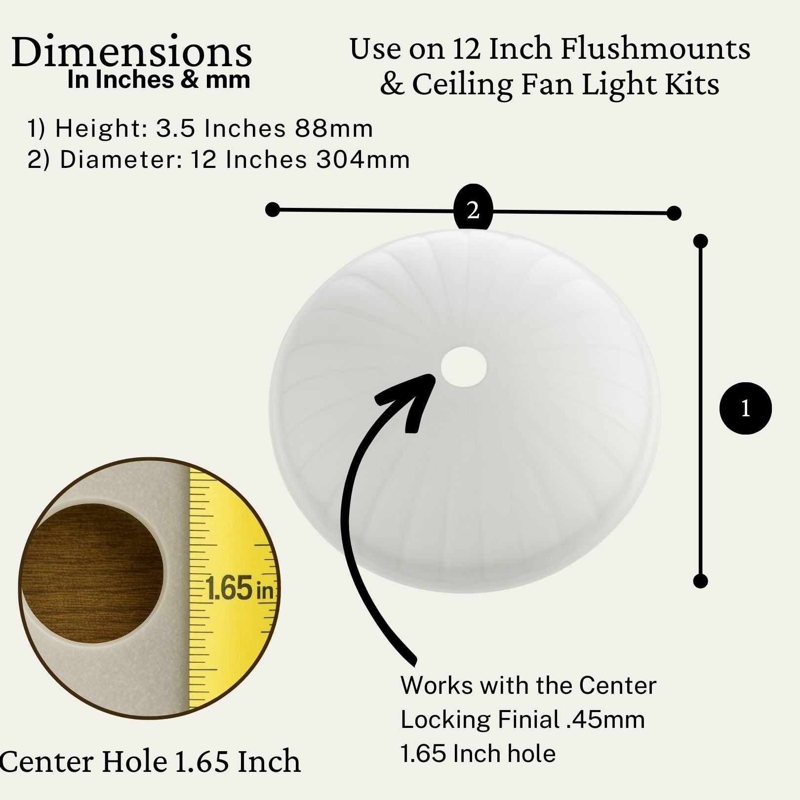 Replacement Glass Shade for Pendant Light and Semi-Flush Mount Fixtures, 12-Inch Frosted Dome Glass, 1.65″ Center Hole for Hanging or Ceiling Lights