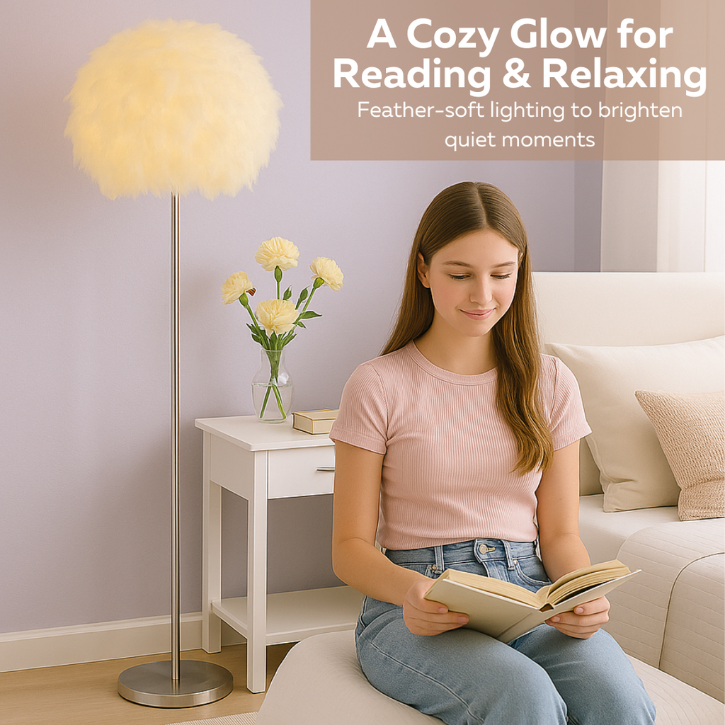 Feather Floor Lamp Faux Ostrich Shade with Polished Chrome Finish