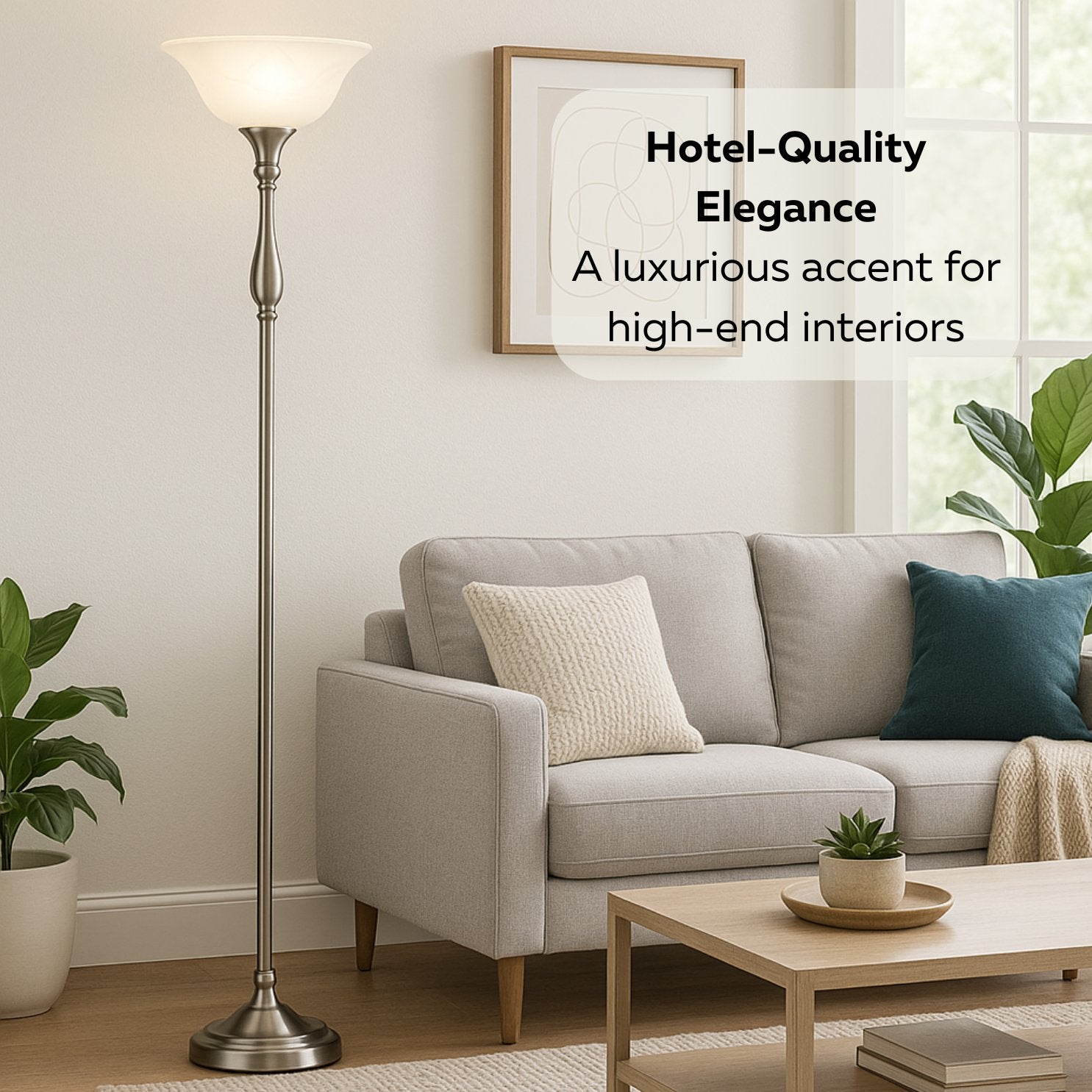 Tall Torchiere Floor Lamp with Alabaster Glass – Brushed Nickel or Oil Rubbed Bronze | 72” E26 100W