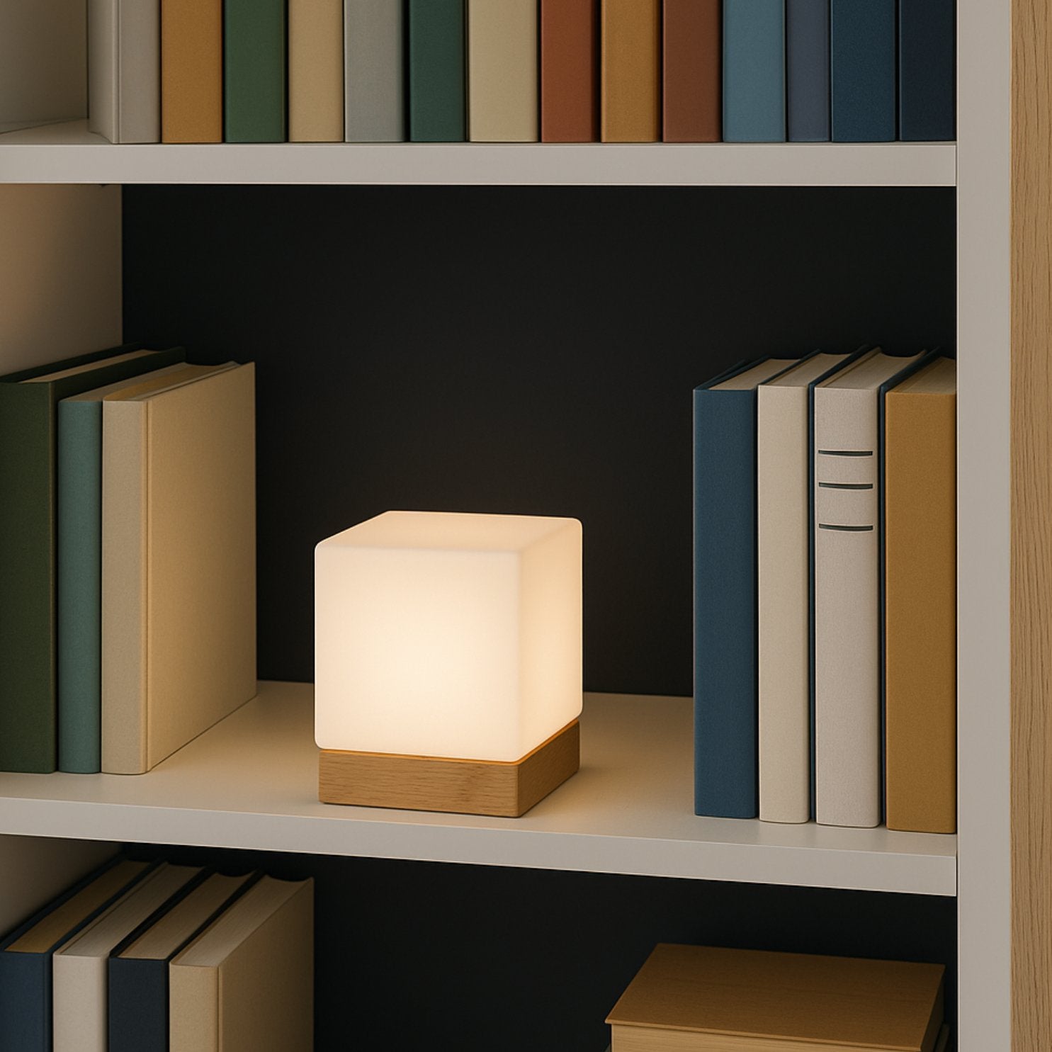 LIGHTACCENTS Square Lamp Accent Light Cube: Felix Glass Cube Table Lamp with 6W 2700K LED Bulb Included - Wooden Base Nightstand Cube Light for Bedside, Accent Lamp with Glass Shade