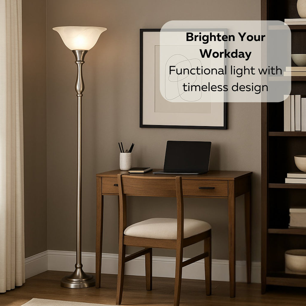 Tall Torchiere Floor Lamp with Alabaster Glass – Brushed Nickel or Oil Rubbed Bronze | 72” E26 100W