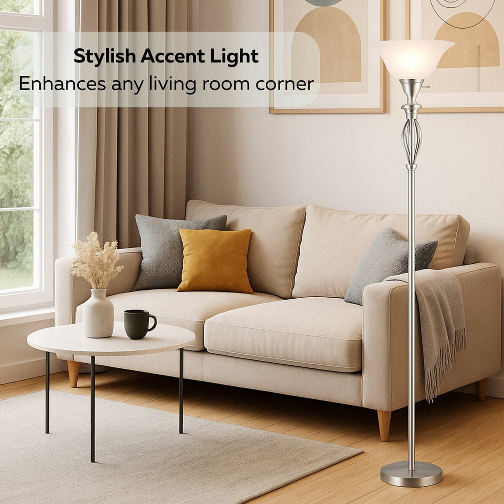 Iron Scroll Floor Lamp with Alabaster Glass Bowl Shade for Living Room Decor - Tall Floor Lamp - Traditional Iron Scrollwork Floor Lamp for Bedroom Floor Lamps for Living room – 70" Tall- (Bronze)