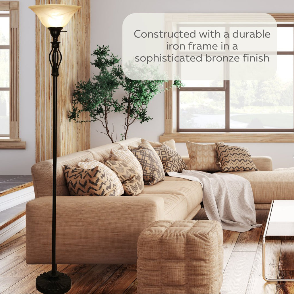 Iron Scroll Floor Lamp with Alabaster Glass Bowl Shade for Living Room Decor - Tall Floor Lamp - Traditional Iron Scrollwork Floor Lamp for Bedroom Floor Lamps for Living room – 70" Tall- (Bronze)
