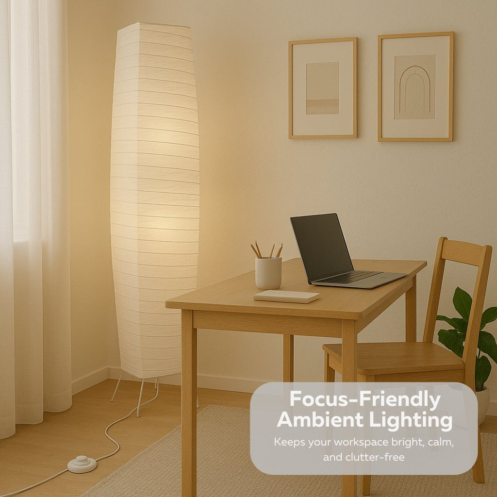 Japanese Rice Paper Floor Lamp 50” Tall Chrome Base with White Paper Shade