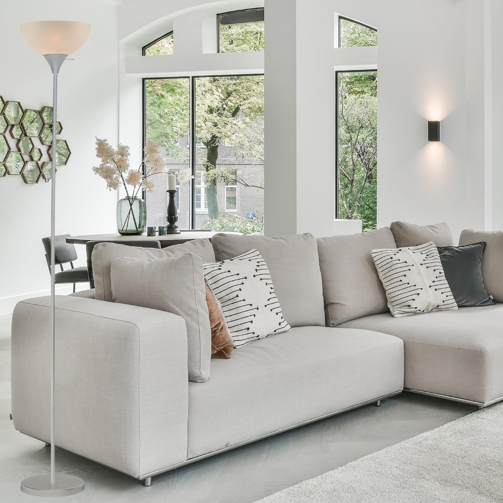 Stand Up Floor Lamp in Black - Modern Corner Light with White Opal Bowl Shade  72" Tall, 150-watt