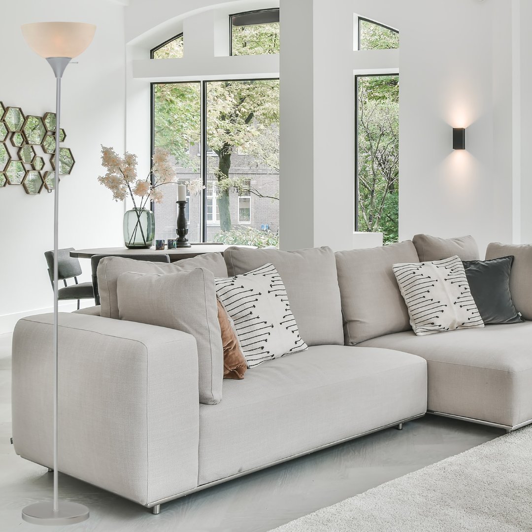 Stand Up Floor Lamp in Black - Modern Corner Light with White Opal Bowl Shade  72" Tall, 150-watt