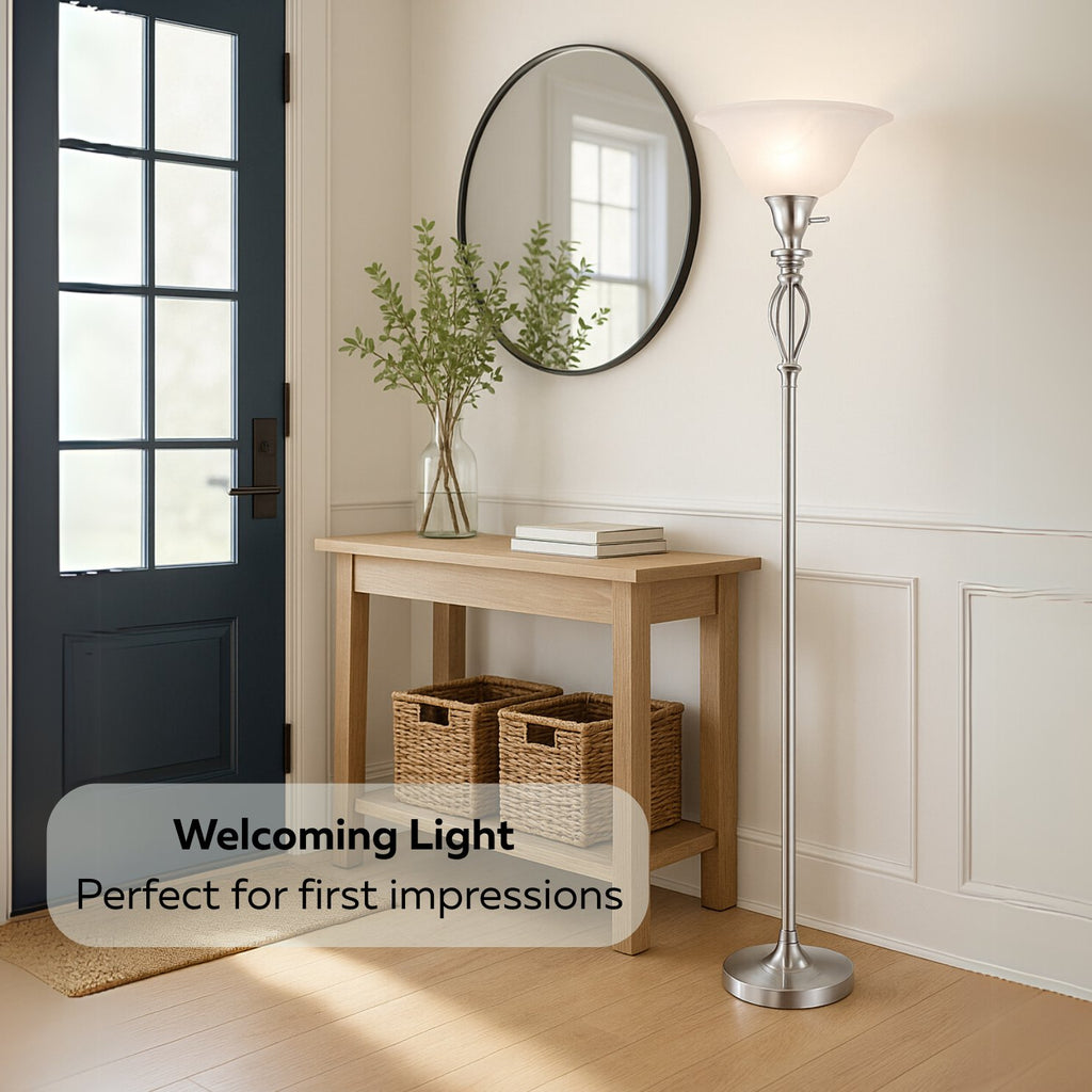 Iron Scroll Floor Lamp with Alabaster Glass Bowl Shade for Living Room Decor - Tall Floor Lamp - Traditional Iron Scrollwork Floor Lamp for Bedroom Floor Lamps for Living room – 70" Tall- (Bronze)