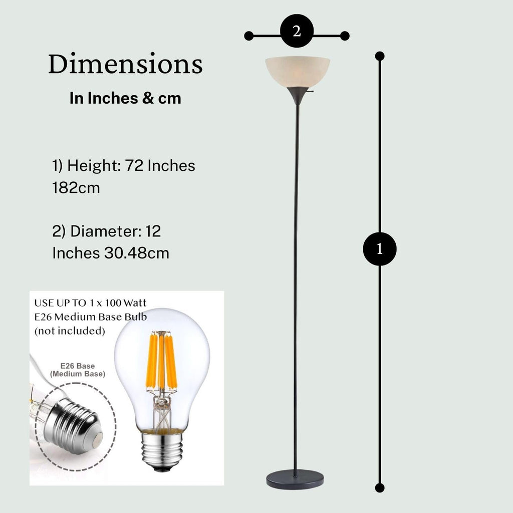 Stand Up Floor Lamp in Black - Modern Corner Light with White Opal Bowl Shade  72" Tall, 150-watt