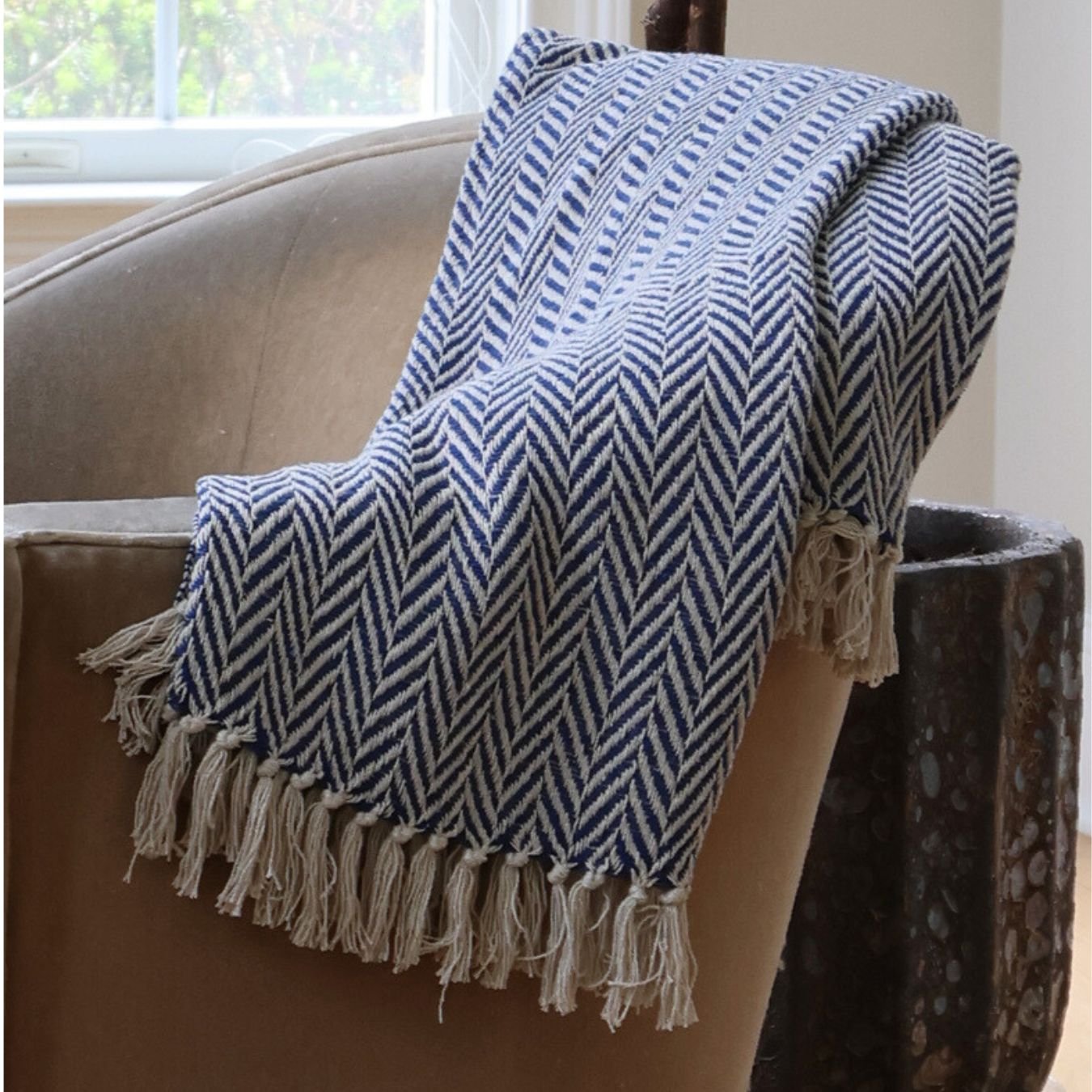 DECOR WORKS Luxurious Boho Throw Blanket Elegant, Soft Knitted Herringbone Couch Throw, Versatile 48x60, Perfect for Cozy Evenings, in Stylish Grey & Calming Blue Options