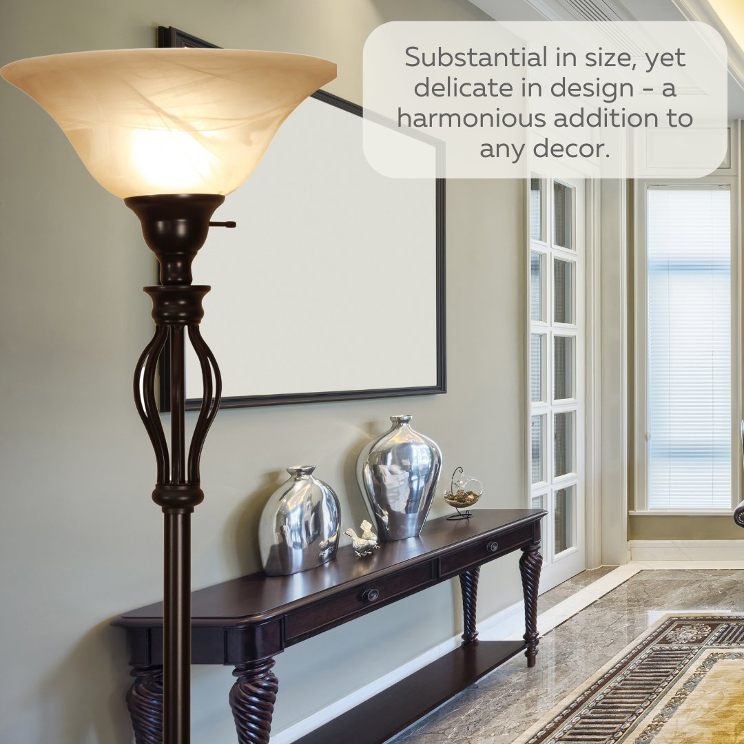 Iron Scroll Floor Lamp with Alabaster Glass Bowl Shade for Living Room Decor - Tall Floor Lamp - Traditional Iron Scrollwork Floor Lamp for Bedroom Floor Lamps for Living room – 70" Tall- (Bronze)