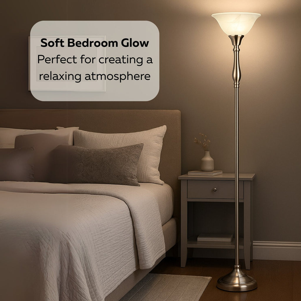 Tall Torchiere Floor Lamp with Alabaster Glass – Brushed Nickel or Oil Rubbed Bronze | 72” E26 100W