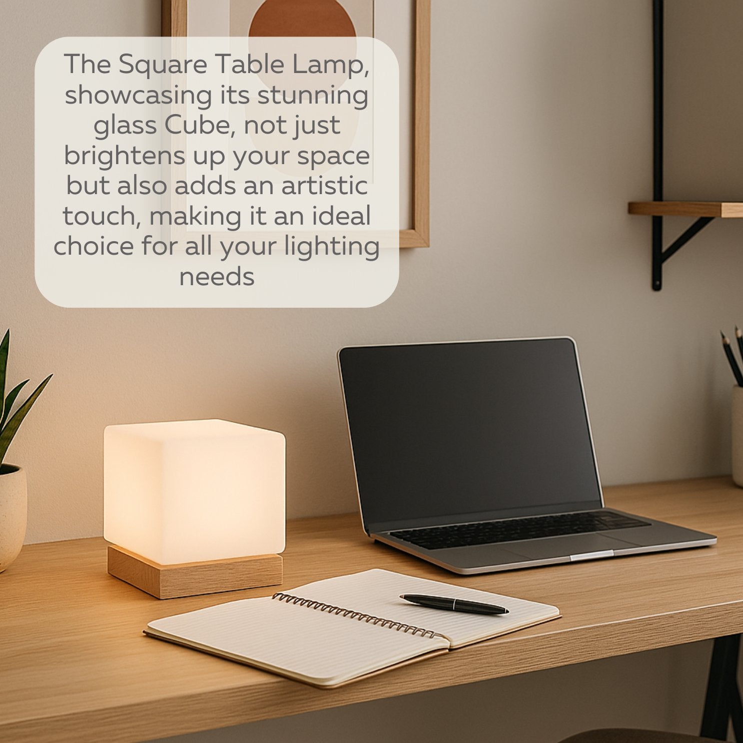 LIGHTACCENTS Square Lamp Accent Light Cube: Felix Glass Cube Table Lamp with 6W 2700K LED Bulb Included - Wooden Base Nightstand Cube Light for Bedside, Accent Lamp with Glass Shade