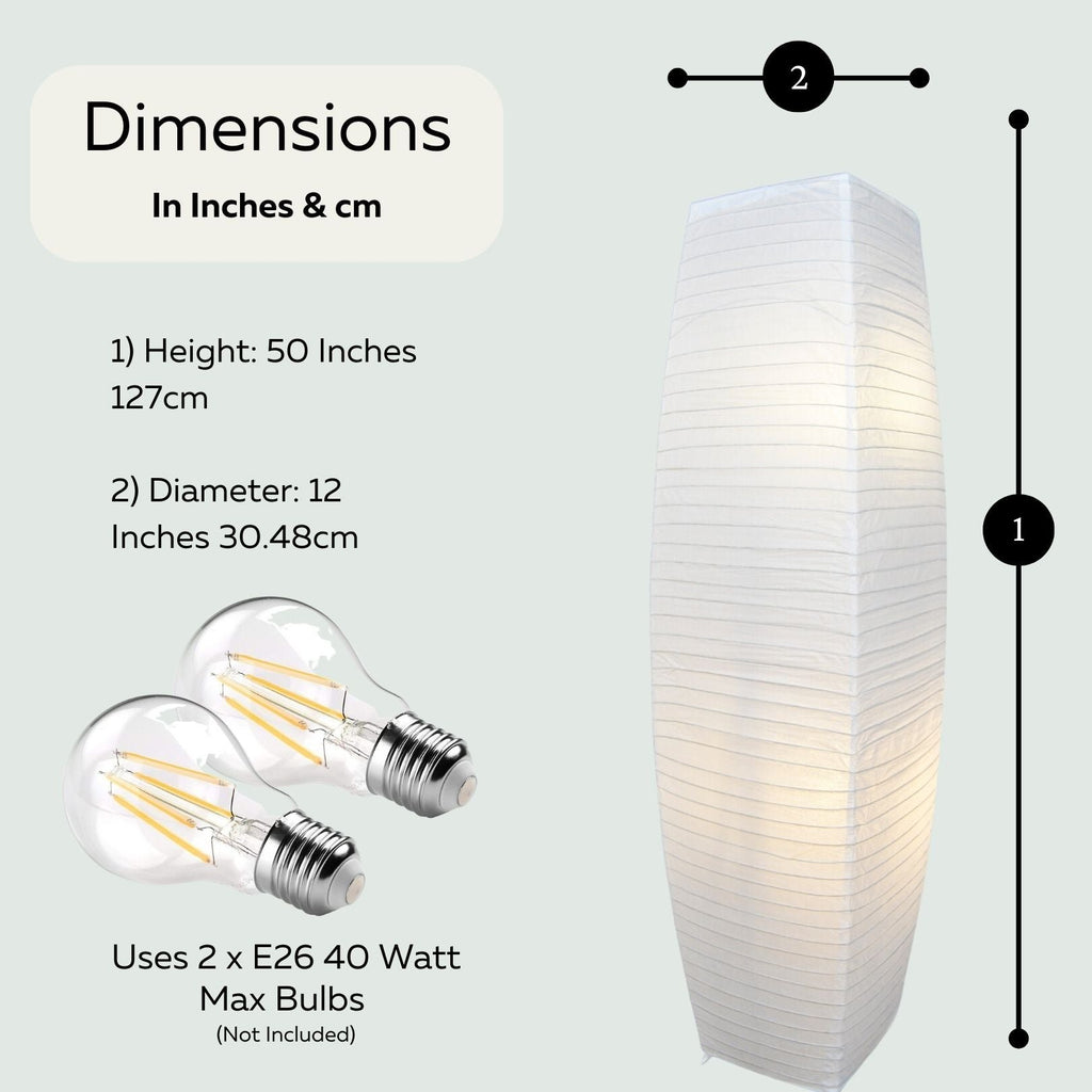 Japanese Rice Paper Floor Lamp 50” Tall Chrome Base with White Paper Shade