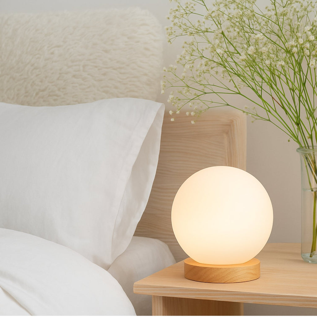 LIGHTACCENTS Square Lamp Accent Light Cube: Felix Glass Cube Table Lamp with 6W 2700K LED Bulb Included - Wooden Base Nightstand Cube Light for Bedside, Accent Lamp with Glass Shade