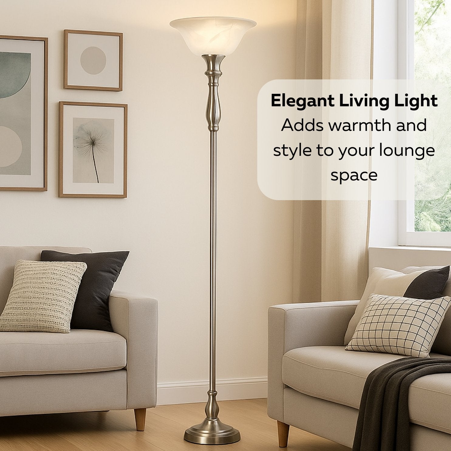 Tall Torchiere Floor Lamp with Alabaster Glass – Brushed Nickel or