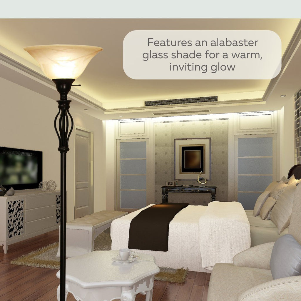 Iron Scroll Floor Lamp with Alabaster Glass Bowl Shade for Living Room Decor - Tall Floor Lamp - Traditional Iron Scrollwork Floor Lamp for Bedroom Floor Lamps for Living room – 70" Tall- (Bronze)