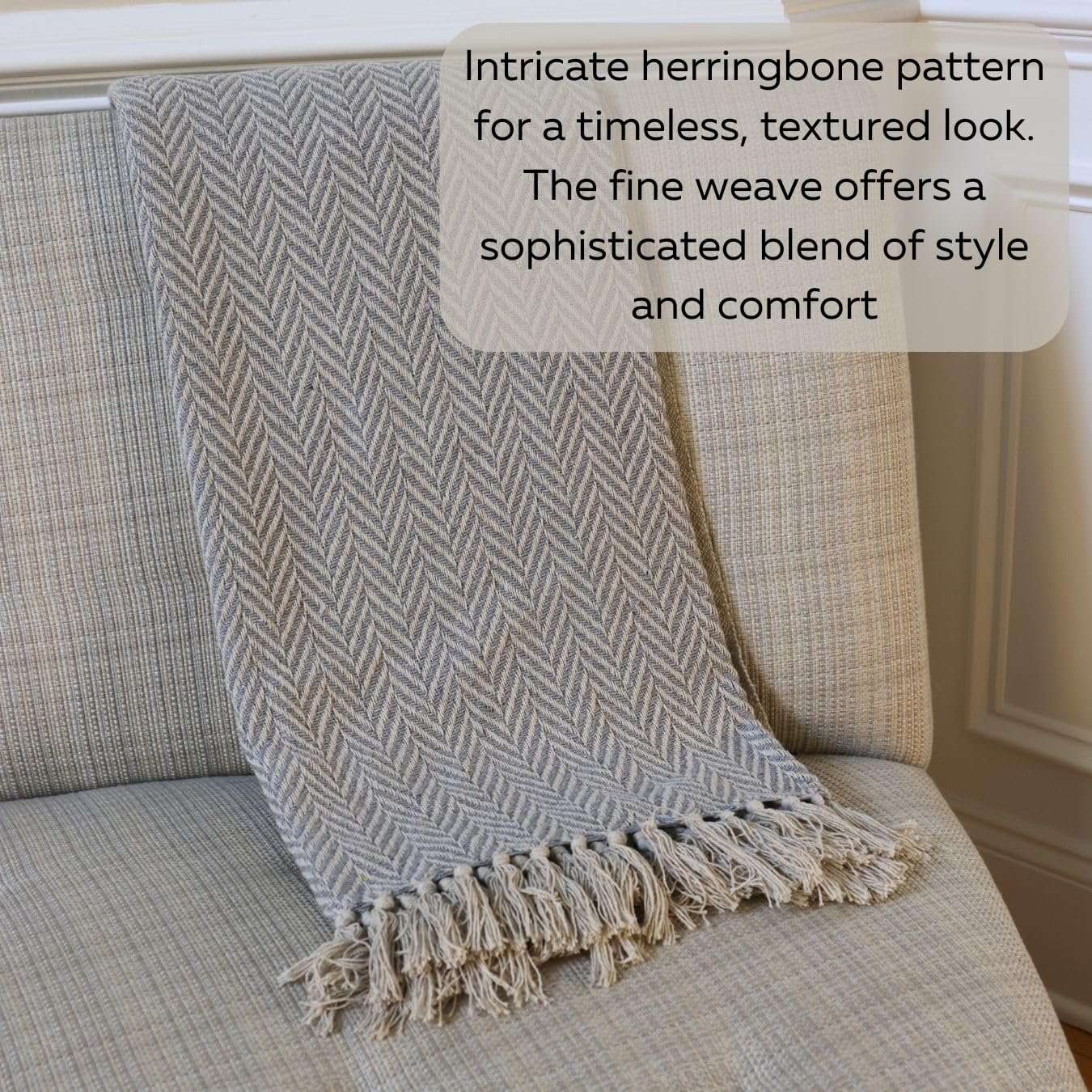 DECOR WORKS Luxurious Boho Throw Blanket Elegant, Soft Knitted Herringbone Couch Throw, Versatile 48x60, Perfect for Cozy Evenings, in Stylish Grey & Calming Blue Options