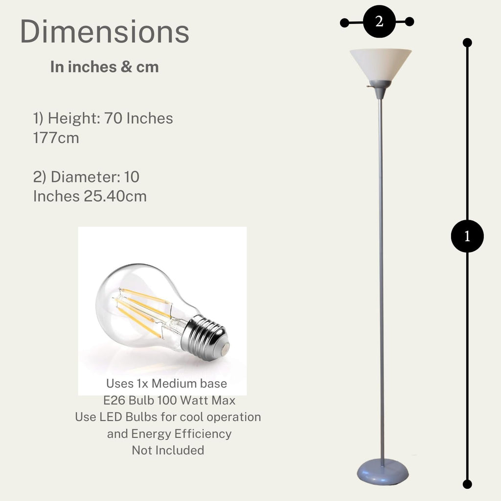 Torchiere Floor Lamp - Contemporary Standing Lamp with Opal White Cone Shaped Shade