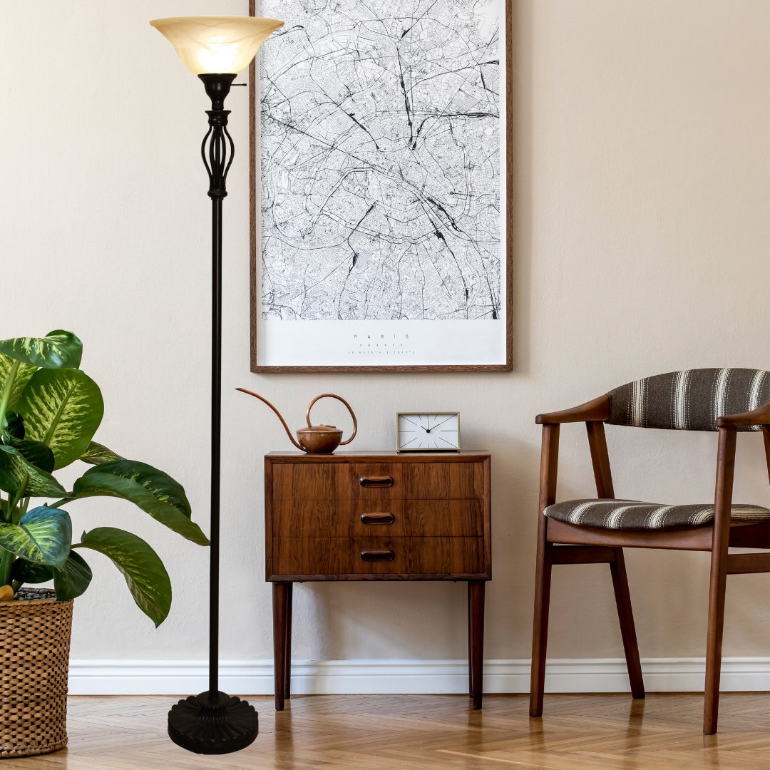 Iron Scroll Floor Lamp with Alabaster Glass Bowl Shade for Living Room Decor - Tall Floor Lamp - Traditional Iron Scrollwork Floor Lamp for Bedroom Floor Lamps for Living room – 70" Tall- (Bronze)