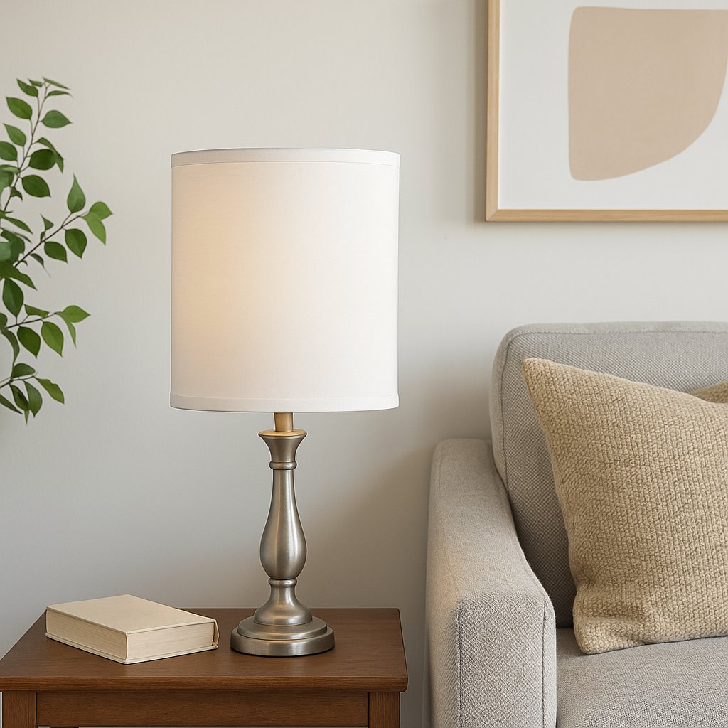 Hand-Crafted Natural Linen Lamp Shade – 8”x8”x11” White Drum Shade for Table or Floor Lamps, Fits Most Light Fixtures, Nickel Spider Harp Included (1-Pack)