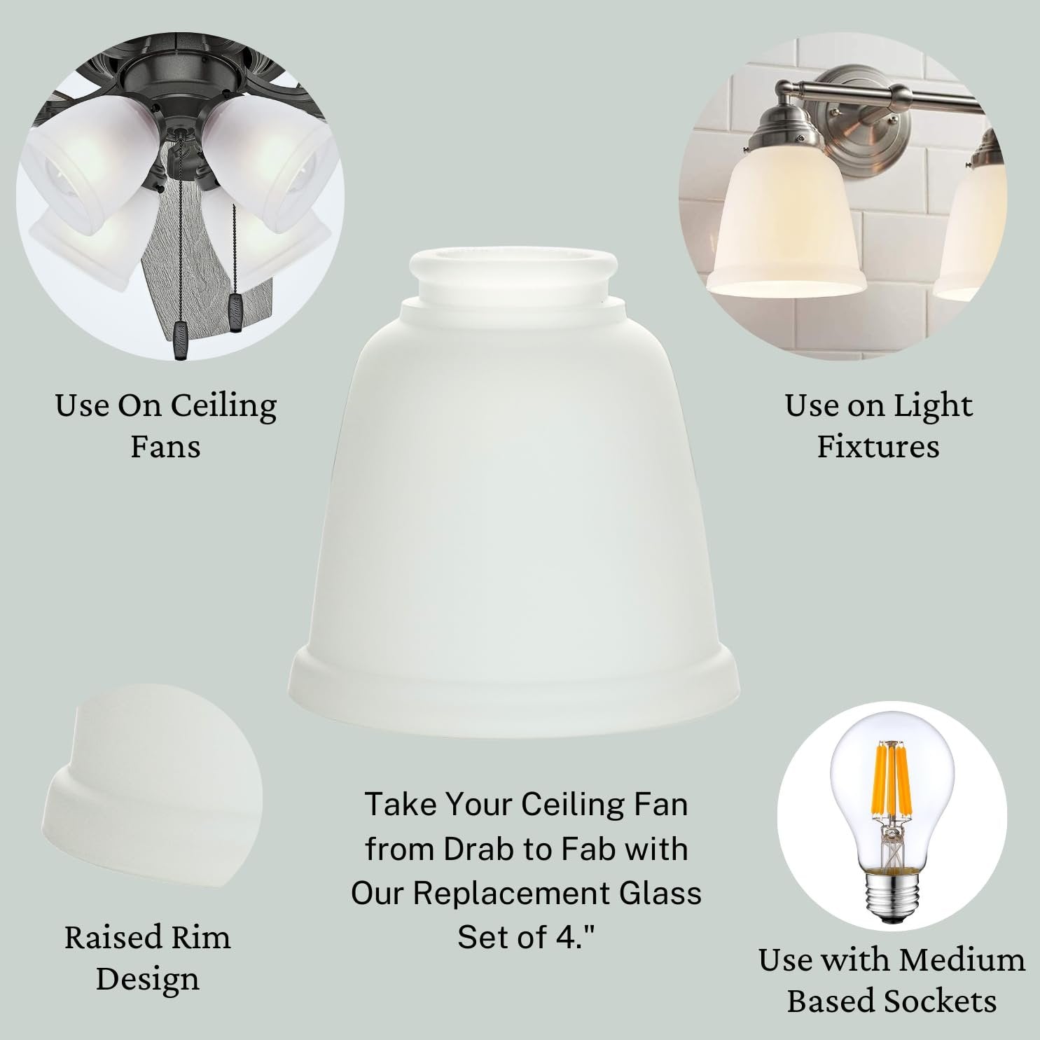 Ceiling Fan Glass Lamp Shades – 4 Pack