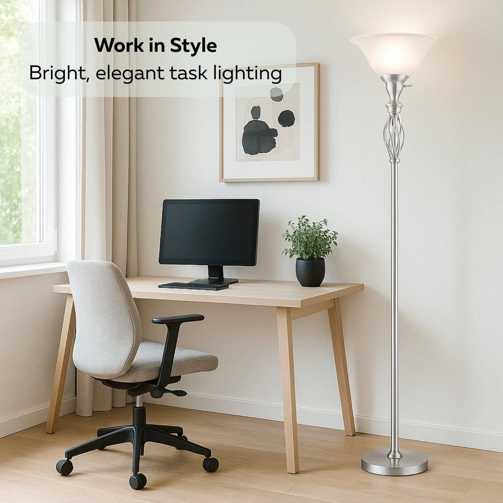 Iron Scroll Floor Lamp with Alabaster Glass Bowl Shade for Living Room Decor - Tall Floor Lamp - Traditional Iron Scrollwork Floor Lamp for Bedroom Floor Lamps for Living room – 70" Tall- (Bronze)