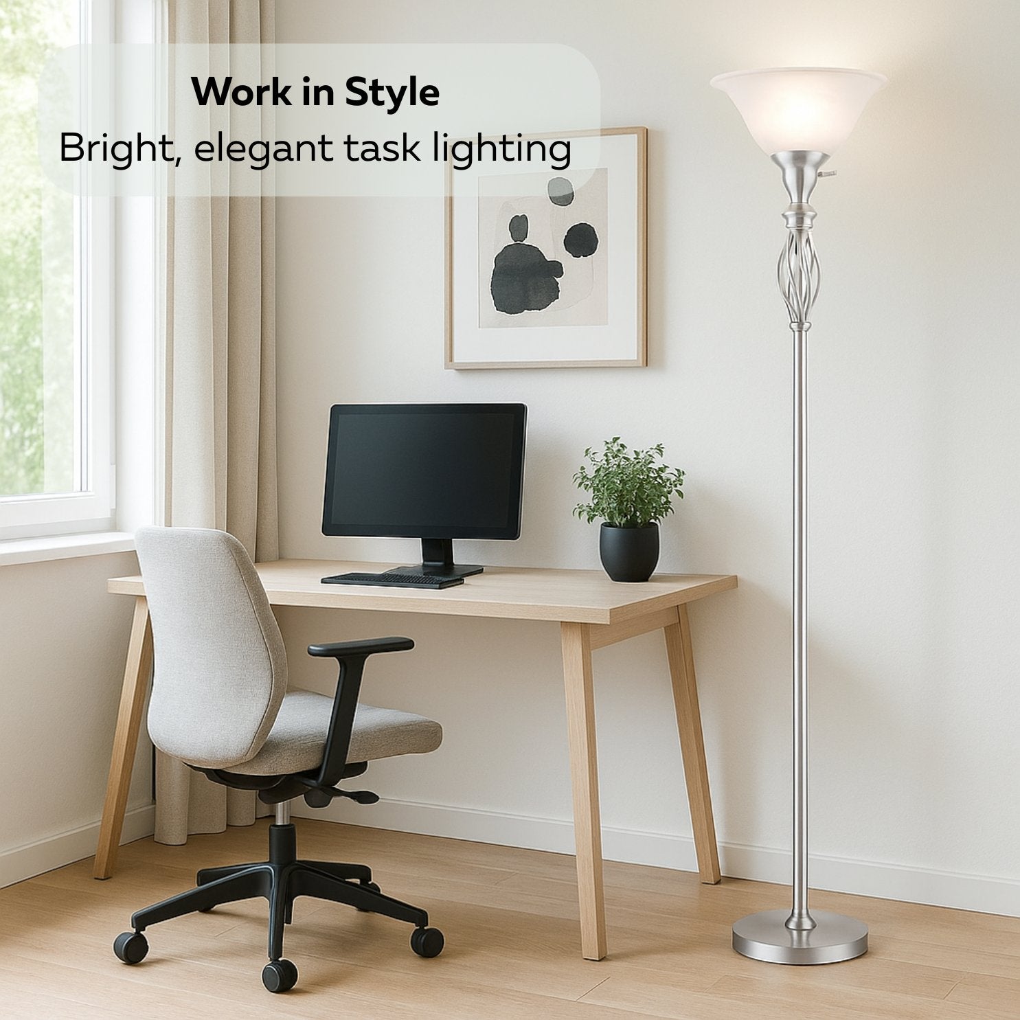 Iron Scroll Floor Lamp with Alabaster Glass Bowl Shade for Living Room Decor - Tall Floor Lamp - Traditional Iron Scrollwork Floor Lamp for Bedroom Floor Lamps for Living room – 70" Tall- (Bronze)