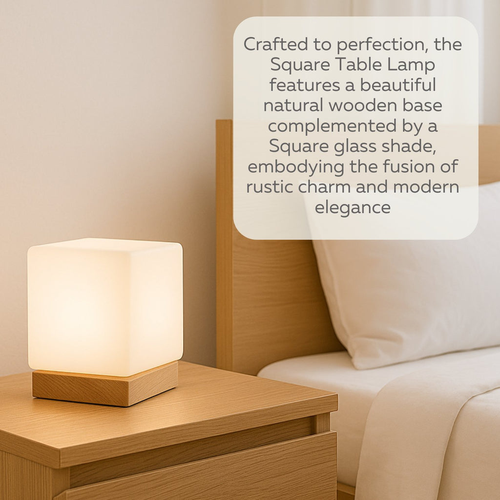 LIGHTACCENTS Square Lamp Accent Light Cube: Felix Glass Cube Table Lamp with 6W 2700K LED Bulb Included - Wooden Base Nightstand Cube Light for Bedside, Accent Lamp with Glass Shade