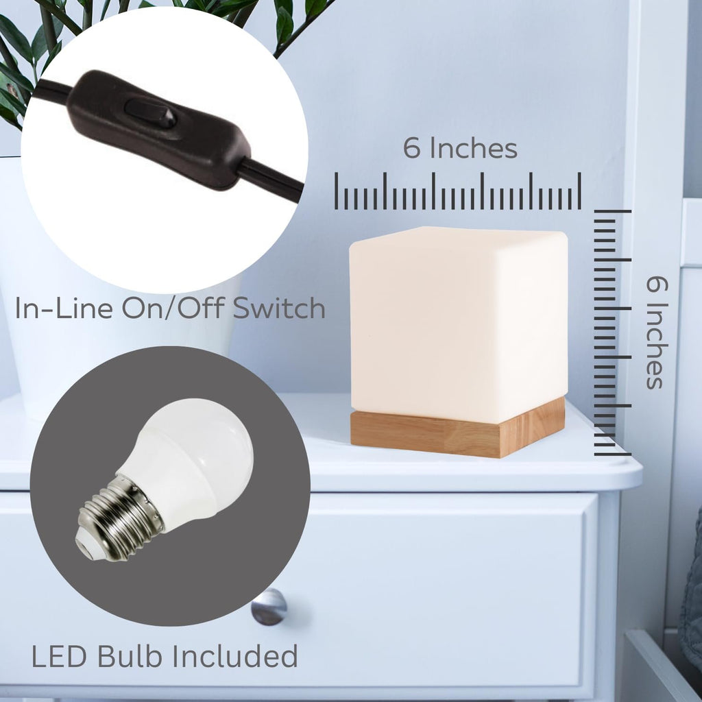LIGHTACCENTS Square Lamp Accent Light Cube: Felix Glass Cube Table Lamp with 6W 2700K LED Bulb Included - Wooden Base Nightstand Cube Light for Bedside, Accent Lamp with Glass Shade