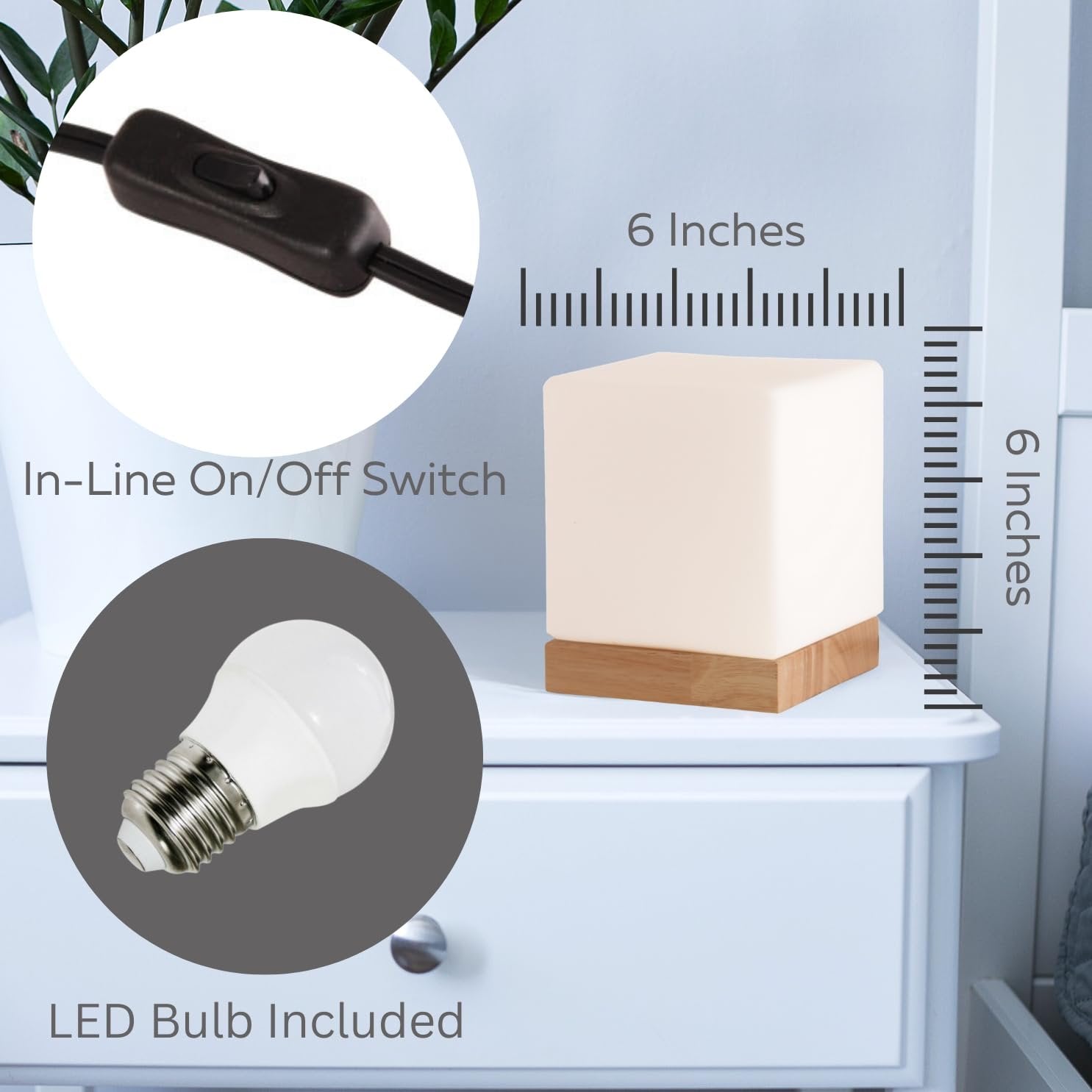 LIGHTACCENTS Square Lamp Accent Light Cube: Felix Glass Cube Table Lamp with 6W 2700K LED Bulb Included - Wooden Base Nightstand Cube Light for Bedside, Accent Lamp with Glass Shade