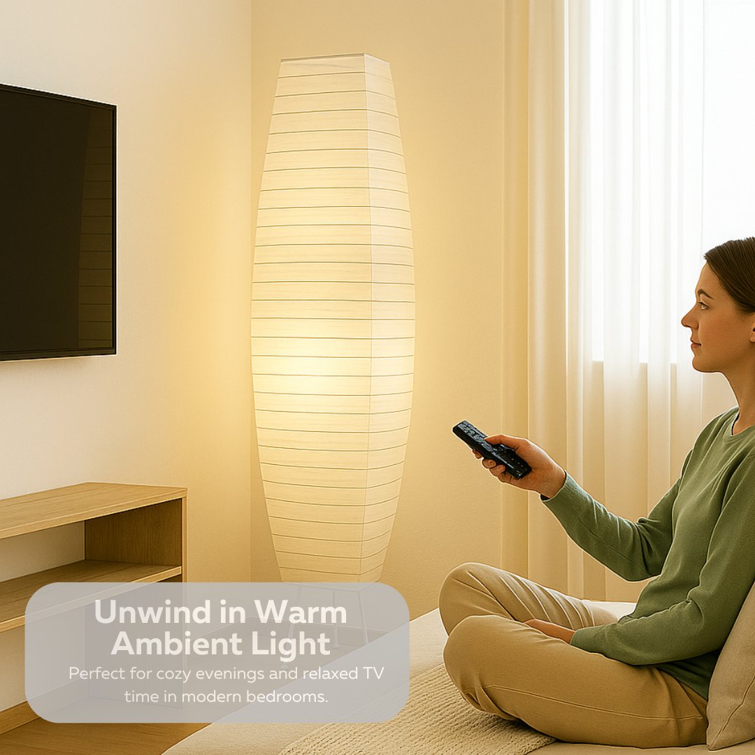 Japanese Rice Paper Floor Lamp 50” Tall Chrome Base with White Paper Shade