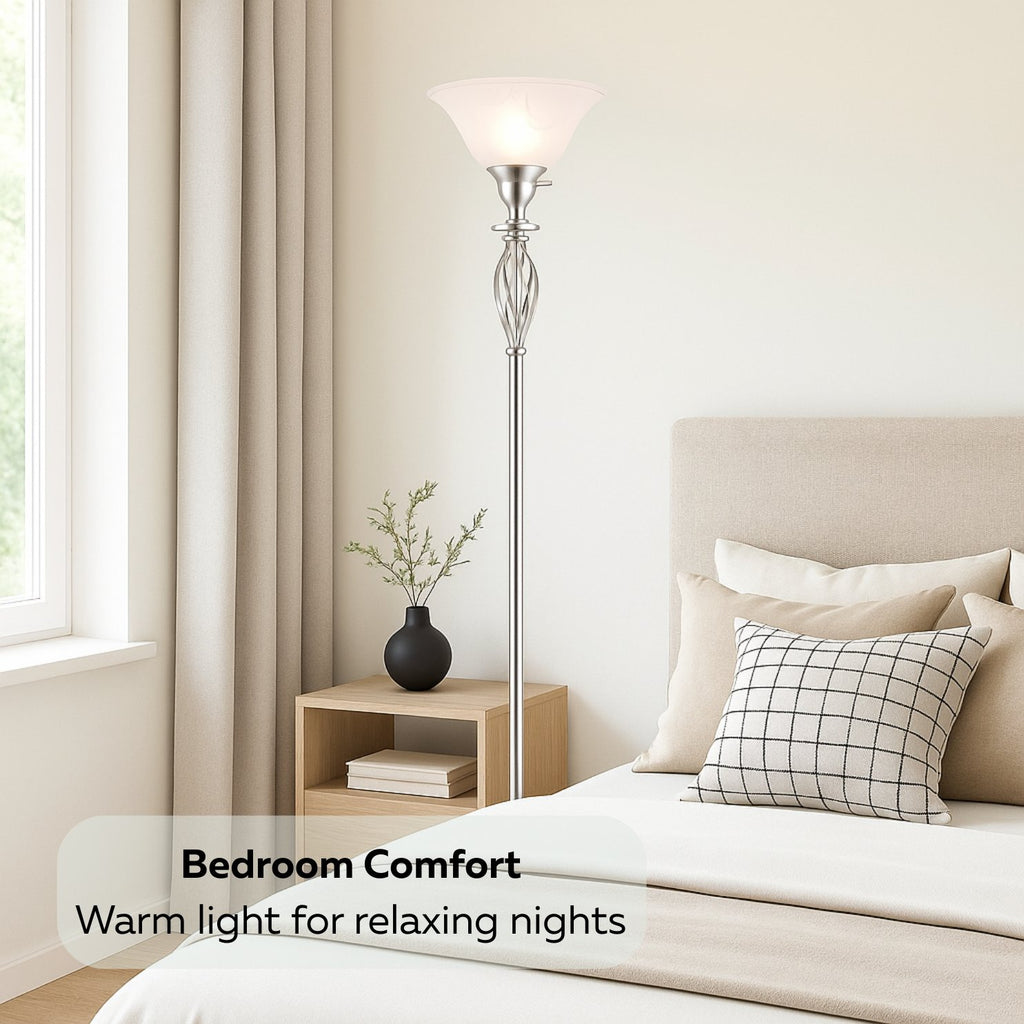 Iron Scroll Floor Lamp with Alabaster Glass Bowl Shade for Living Room Decor - Tall Floor Lamp - Traditional Iron Scrollwork Floor Lamp for Bedroom Floor Lamps for Living room – 70" Tall- (Bronze)