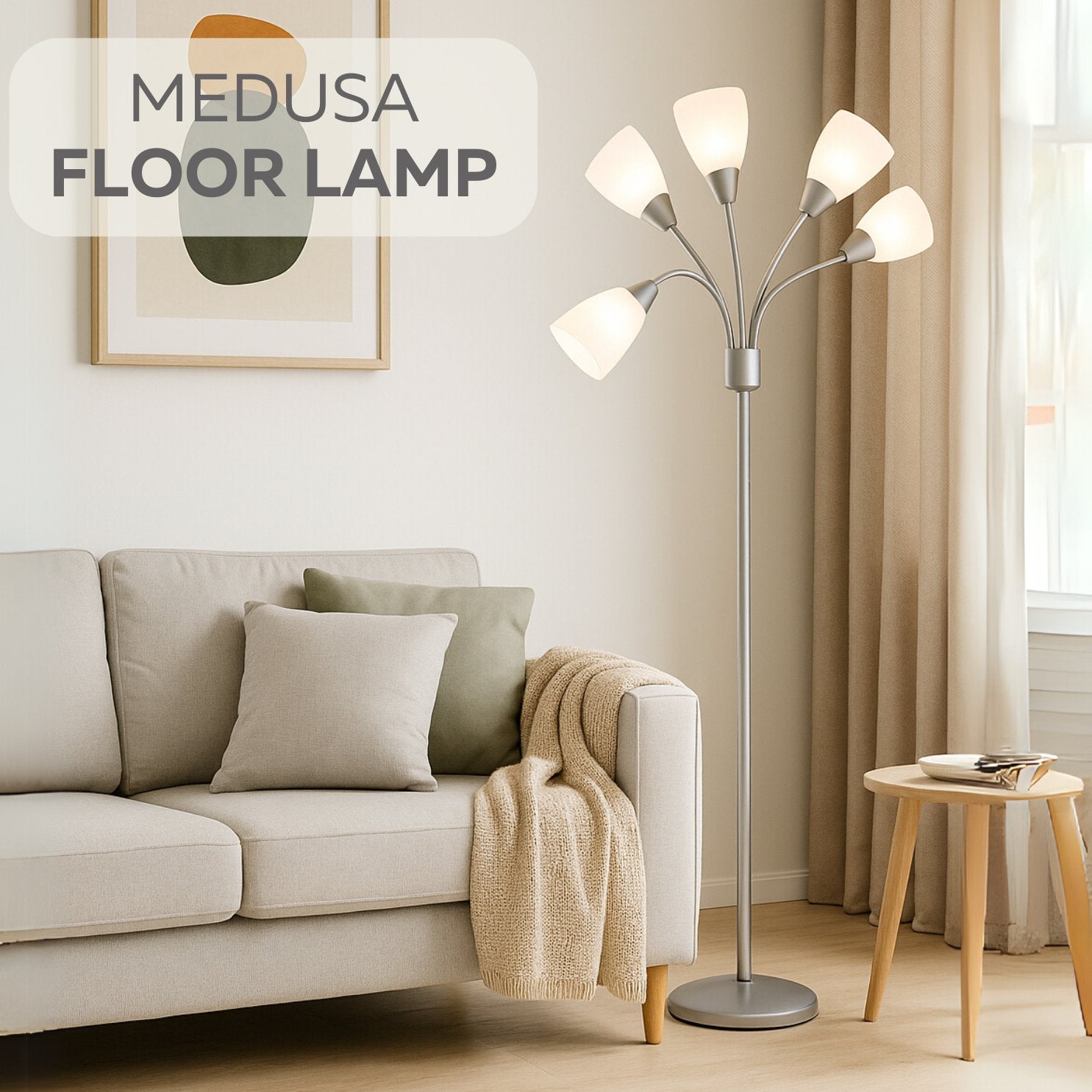 Medusa 5-Light Adjustable Floor Lamp – Black or Silver with White or Multicolor Shades