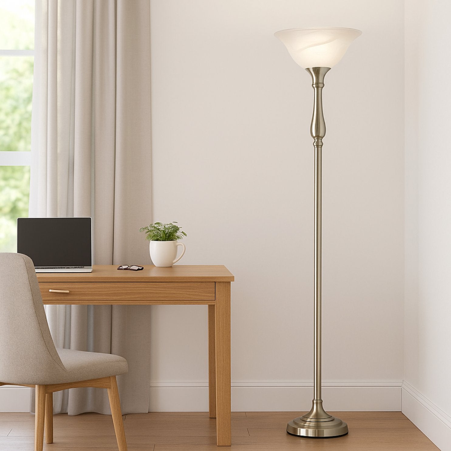 Tall Torchiere Floor Lamp with Alabaster Glass – Brushed Nickel or Oil Rubbed Bronze | 72” E26 100W