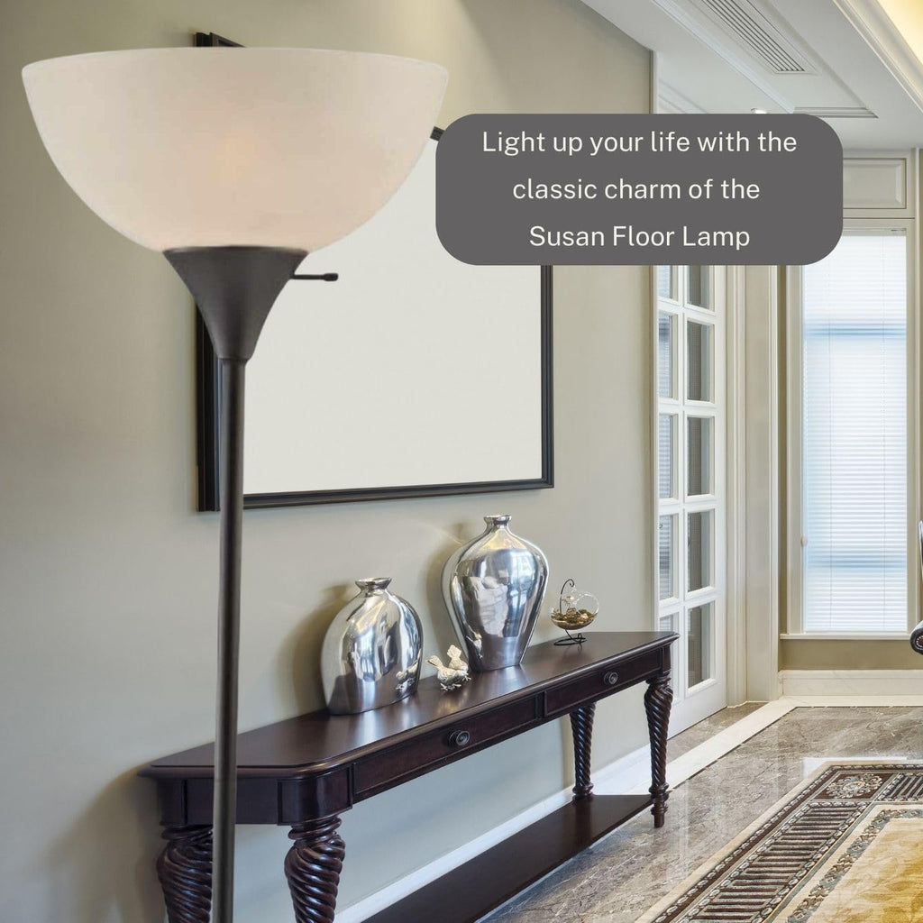 Stand Up Floor Lamp in Black - Modern Corner Light with White Opal Bowl Shade  72" Tall, 150-watt