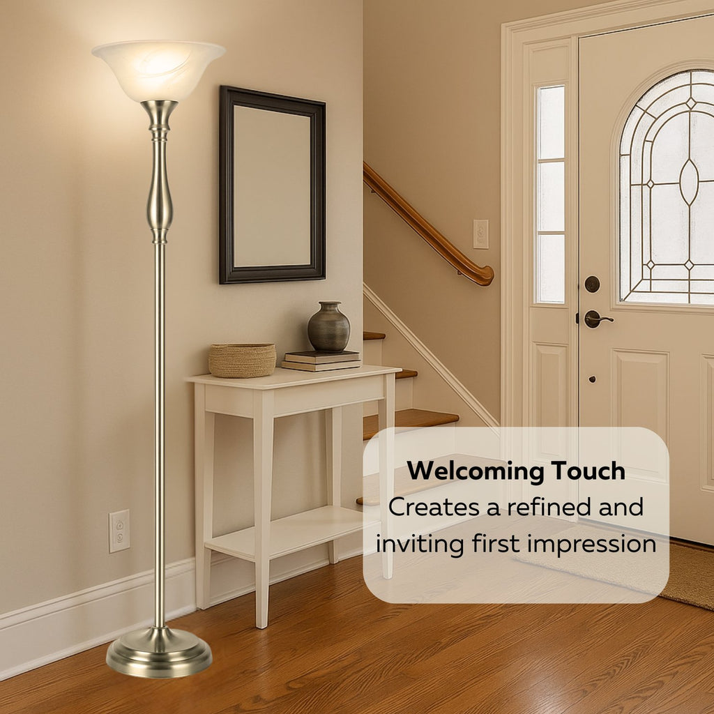 Tall Torchiere Floor Lamp with Alabaster Glass – Brushed Nickel or Oil Rubbed Bronze | 72” E26 100W