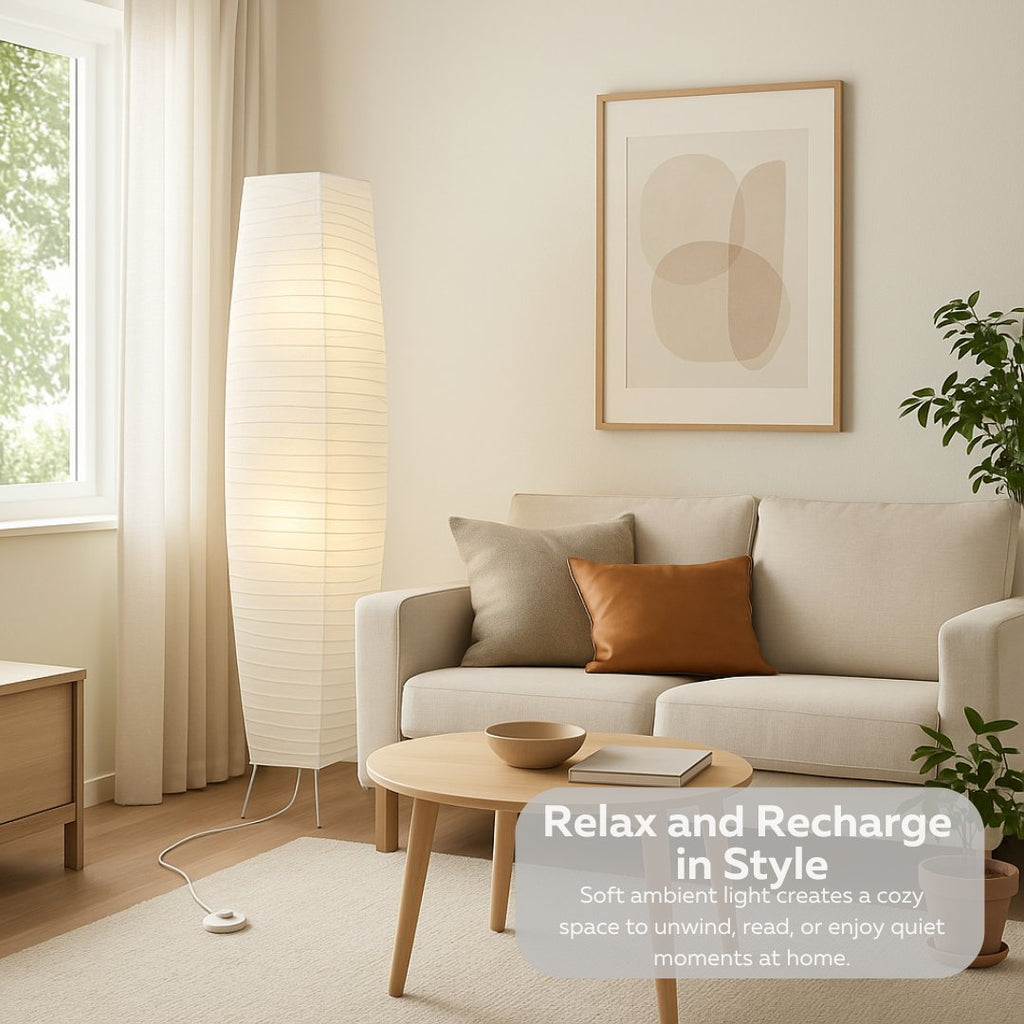 Japanese Rice Paper Floor Lamp 50” Tall Chrome Base with White Paper Shade