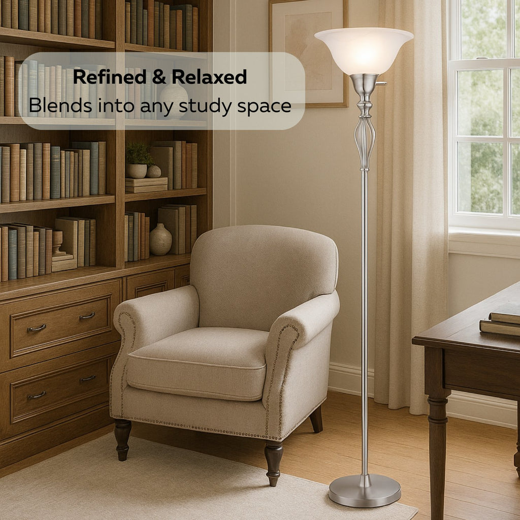 Iron Scroll Floor Lamp with Alabaster Glass Bowl Shade for Living Room Decor - Tall Floor Lamp - Traditional Iron Scrollwork Floor Lamp for Bedroom Floor Lamps for Living room – 70" Tall- (Bronze)