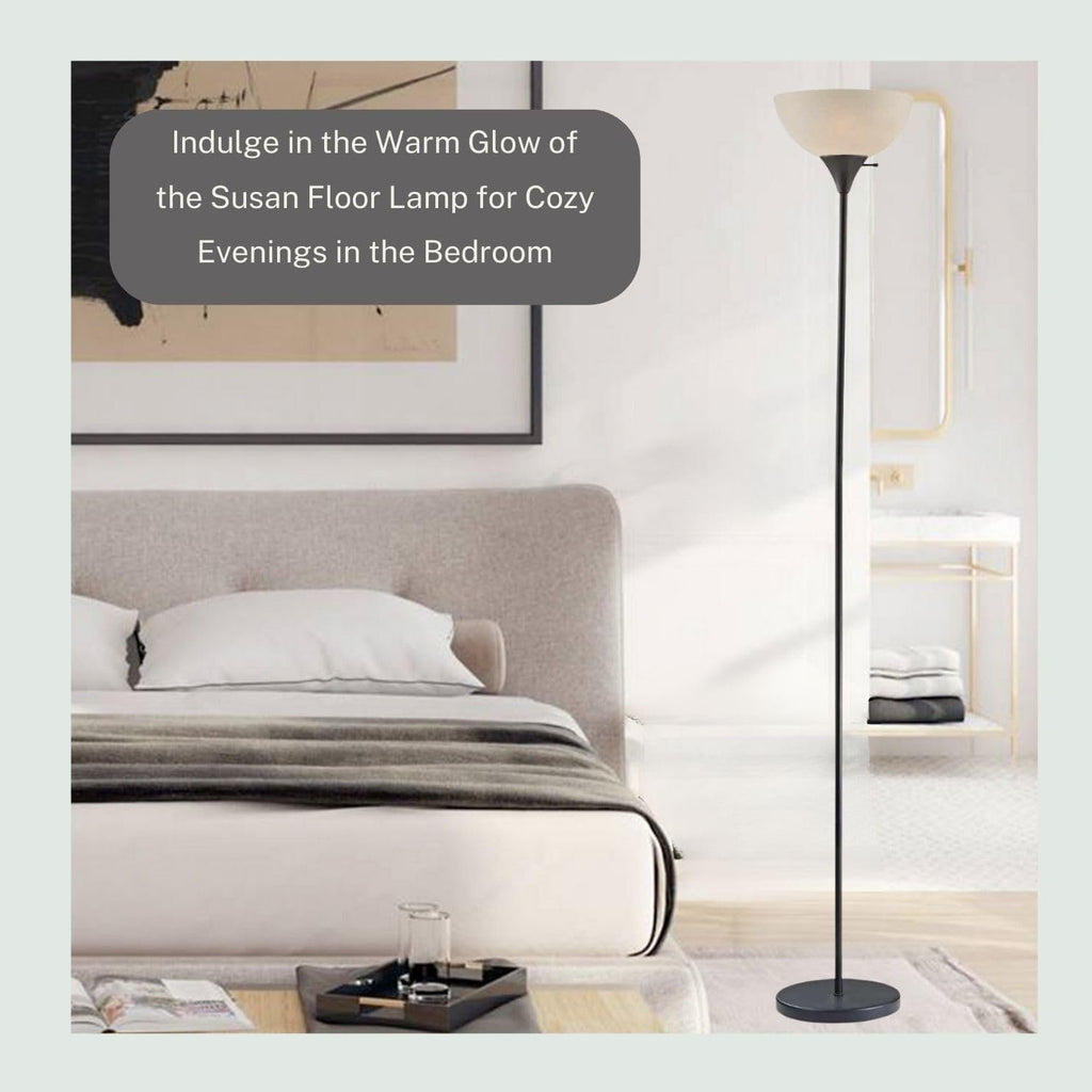 Stand Up Floor Lamp in Black - Modern Corner Light with White Opal Bowl Shade  72" Tall, 150-watt