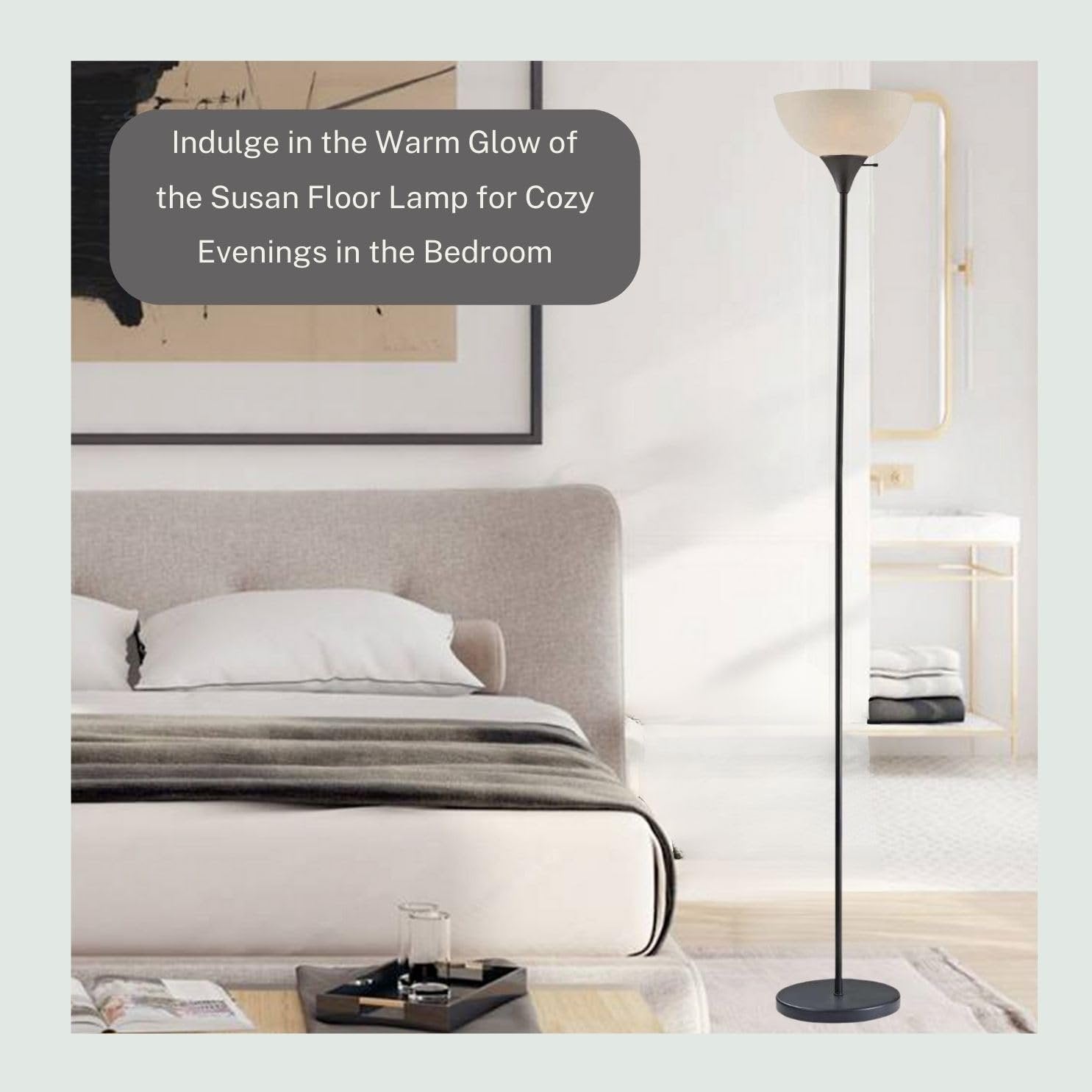 Stand Up Floor Lamp in Black - Modern Corner Light with White Opal Bowl Shade  72" Tall, 150-watt
