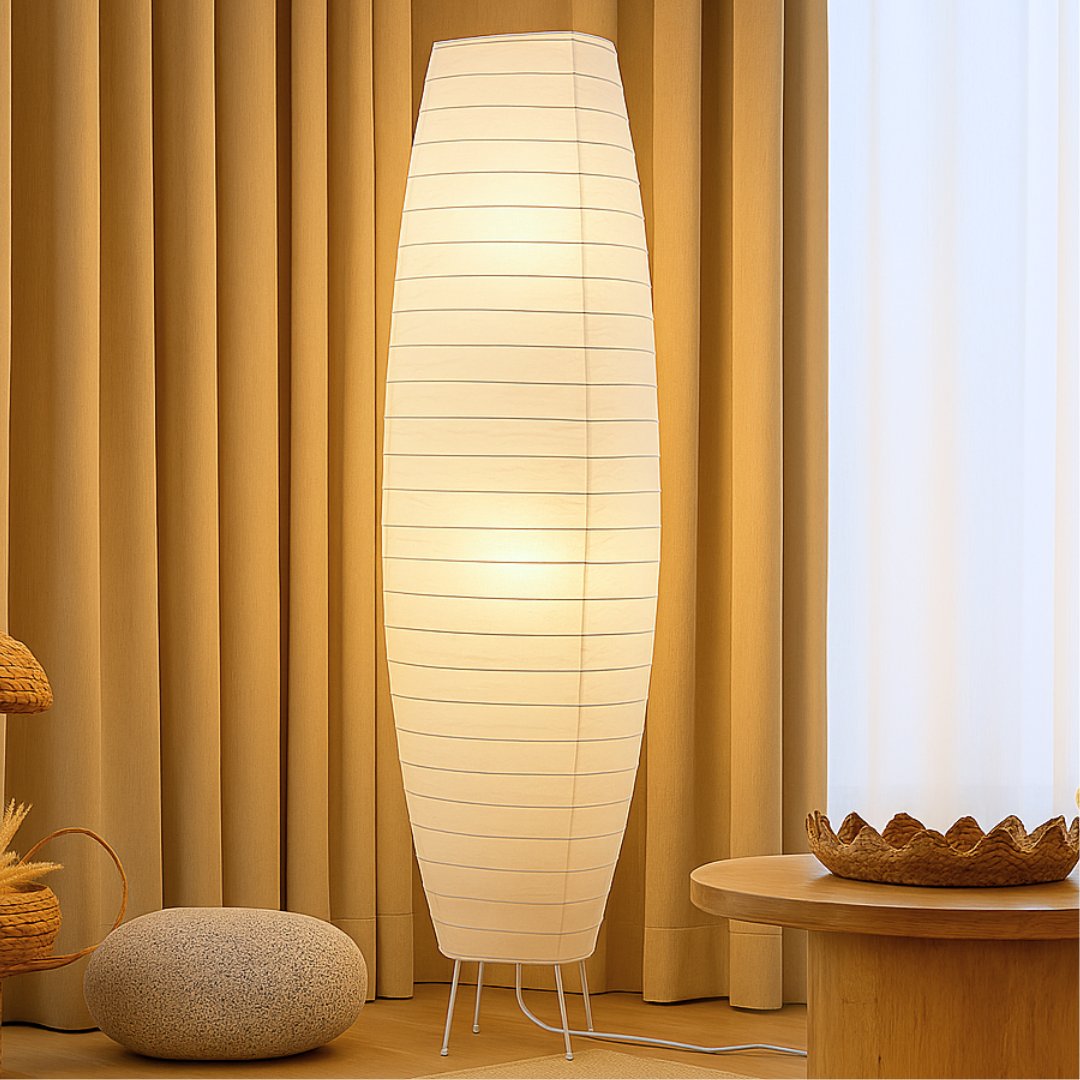Japanese Rice Paper Floor Lamp 50” Tall Chrome Base with White Paper Shade
